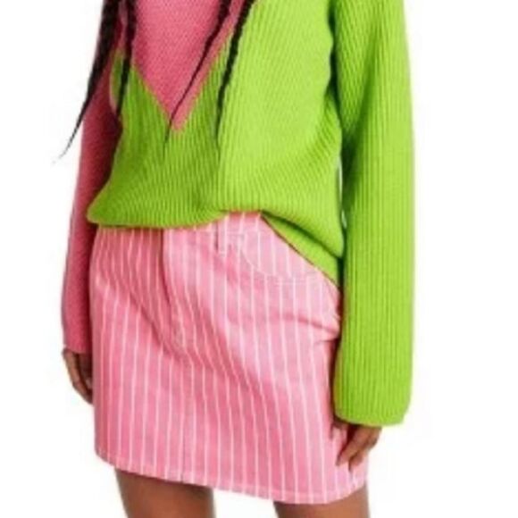 Pepto Bismol Pink W/White Striped Denim Mini Skirt - Picture 1 of 6